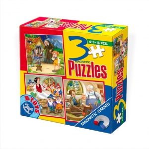 Set 3 puzzle-uri magnetice – basme de 6, 9, 16 piese - Hansel si Gretel, Alba ca zapada si Pinocchio