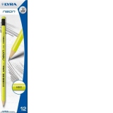Creion Lyra Neon 12 bucati, HB/2, cu guma - corp fluorescent