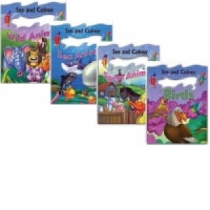 Set promotional 4 carti Colectia Priveste si Coloreaza (Animalute salbatice, Animalute marine, Ferma animalelor, Pasari) + CADOU Creioane color 12 culori