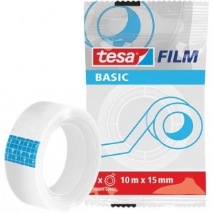 Banda adeziva Tesa Basic, transparenta, 15 mm x 10 m, cu dispenser
