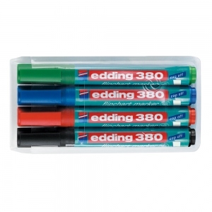 Marker Edding 380 pentru flipchart, varf rotund, 1.5-3 mm, 4 culori/set (negru, albastru, rosu, verde)