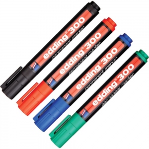 Marker permanent Edding 300, corp plastic, varf rotund, 1.5-3 mm, 4 bucati/set ( negru, rosu, albastru, verde)