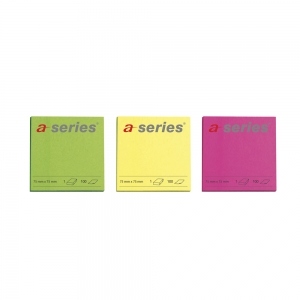 Notite adezive A-Series, 75 x 75 mm, 100 file, diverse culori neon galben, roz, verde