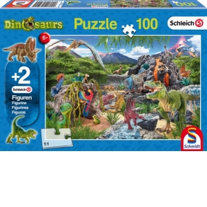Puzzle 100 piese Regatul Dinozaurilor, 2 figurine incluse
