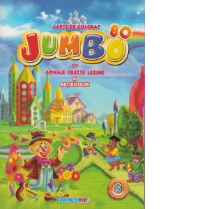 Vezi detalii pentru Jumbo 80 - Carte de colorat cu animale, fructe, legume si abtibilduri