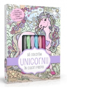 Sa coloram unicorni in culori pastel (4 carioci pastel, 2 tuburi de lipici cu sclipici)