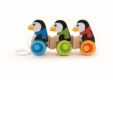 3 Pinguini din Lemn cu roti si Snur