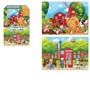 Mini Puzzle cu doua fete - La tara, la oras, 24 piese