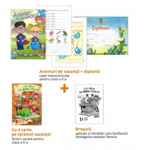 Pachet de vacanta pentru clasa a II-a: 1. Aventuri de vacanta, 2. Cu o carte pe taramul vacantei, 3. Brosura, 4. Diploma