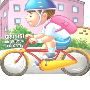 Carte de colorat cu abtibilduri: Vehicule. Lipseste si coloreaza. Bicicleta + abtibilduri + jucarie (minge)