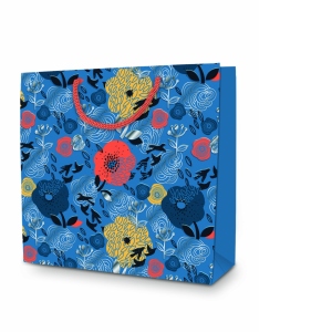 Punga patrata Premium cu emboss si folio marime TP (26 x 25 x 10 cm), motiv floral, albastru