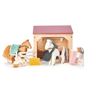 Set figurine Grajd cu cai, din lemn premium, pentru casute de papusa, 13 piese