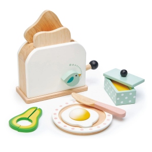 Prajitor de paine, din lemn premium, Breakfast toaster, 10 piese, felii de paine prajita, ou si accesorii
