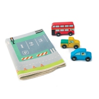 Set Circuit vehicule de oras, din lemn premium, Town Playmat, 4 piese, contine o plansa din material textil