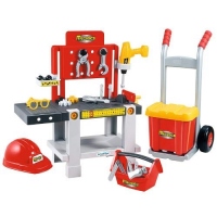 Set Mecanic 4 in 1 cu Banc de Lucru, Trusa de Scule, Carucior si Casca de Protectie