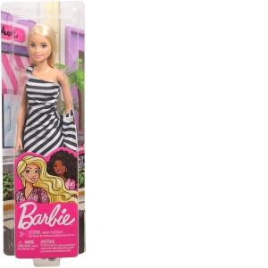 Papusa Barbie Tinute Stralucitoare Blonda cu Rochita Alb-Negru