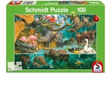 Puzzle 100 piese - Animal Families At The Riverside