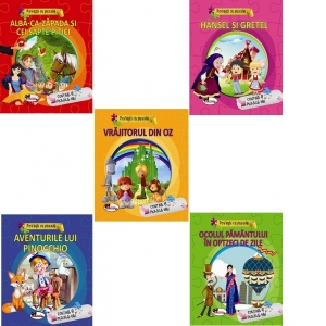 Pachet 5 carti "Povesti cu puzzle" : 1. Alba ca zapada si cei 7 pitici 2. Hansel si Gretel 3. Aventurile lui Pinocchio 4. Ocolul pamantului in 80 de zile 5. Vrajitorul din Oz