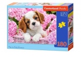 Puzzle 180 piese Pup in Pink Flowers
