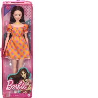 Papusa Barbie Fashionista satena cu rochita portocalie cu buline