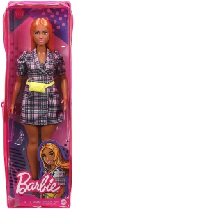 Papusa Barbie fashionista cu rochie tip blazer roz in carouri