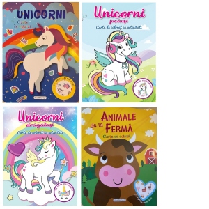 Pachet Carti de colorat cu abtibilduri: 1. Unicorni; 2. Unicorni jucausi; 3. Unicorni dragalasi; 4. Animale de la ferma