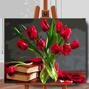 Set pictura pe numere (panza) Vaza cu lalele rosii 40x50 cm