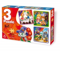 3 Puzzle Basme - 6, 9, 16 piese - Pinocchio, Hansel si Gretel, Motanul incaltat