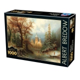 Puzzle 1000 piese Albert Bredow - Romantic Winter Landscape with Ice Skaters by a Castle