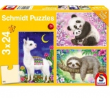Puzzle 3 x 24 piese - Panda, lenes si lama
