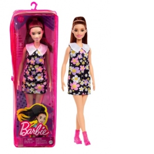 Papusa barbie fashionista satena cu rochie cu imprimeu floral