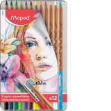 Creioane colorate Color Peps Aqua Artist cutie metal 12 culori/set + pensula Maped