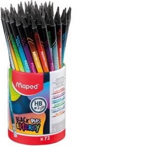 Creion grafit HB cu guma de sters, 72 buc/set, Black Peps Energy, Maped