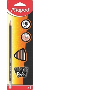 Creion grafit HB cu guma de sters, 3 buc/set, Black Peps, Maped