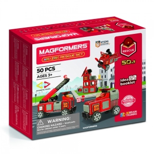 Joc magnetic de construcție Magformers Amazing Rescue Set - Statia de Pompieri, 50 piese