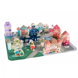 Set de joaca cu blocuri de construit din lemn, Orasul meu, 115 de piese, multicolor