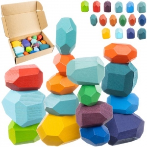 Joc de stivuit si echilibru Montessori, set 16 piese tip piatra, diverse culori si marimi, din lemn