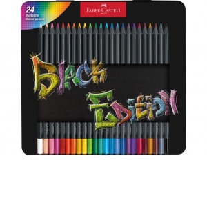 Creioane colorate triunghiulare black edition cutie metal Faber-Castell 24 culori/set