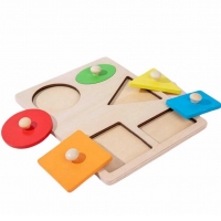 Puzzle lemn Montessori cu maner, 5 forme geometrice, incastru, 20 x 15 cm